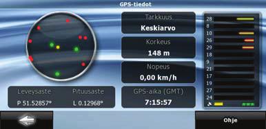 takaisin käyttöön. 4.1.10 GPS-tiedot-näyttö Napauta seuraavia painikkeita: ja sitten ja ohjelma avaa GPStiedot -näytön ja voidaan nähdä GPS-vastaanoton tila.