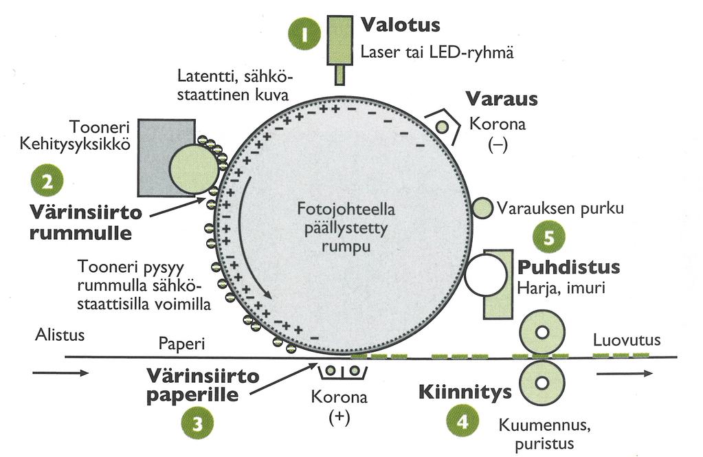 6 Lopuksi väri kiinnitetään painoalustalle lämmön tai puristuksen ja lämmön avulla.