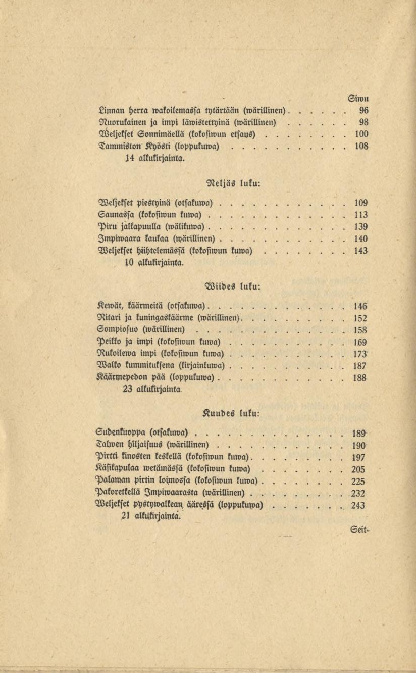 Siwu Linnan herra watoilemassa tytärtään (wänllinen) 96 Nuorukainen ja impi läwistettyinä (»värillinen) 98 Äeljekset Sonnimäellä (kokosiwun etsaus) 100 Tammiston KrMti (lopputuwa) IN3 14