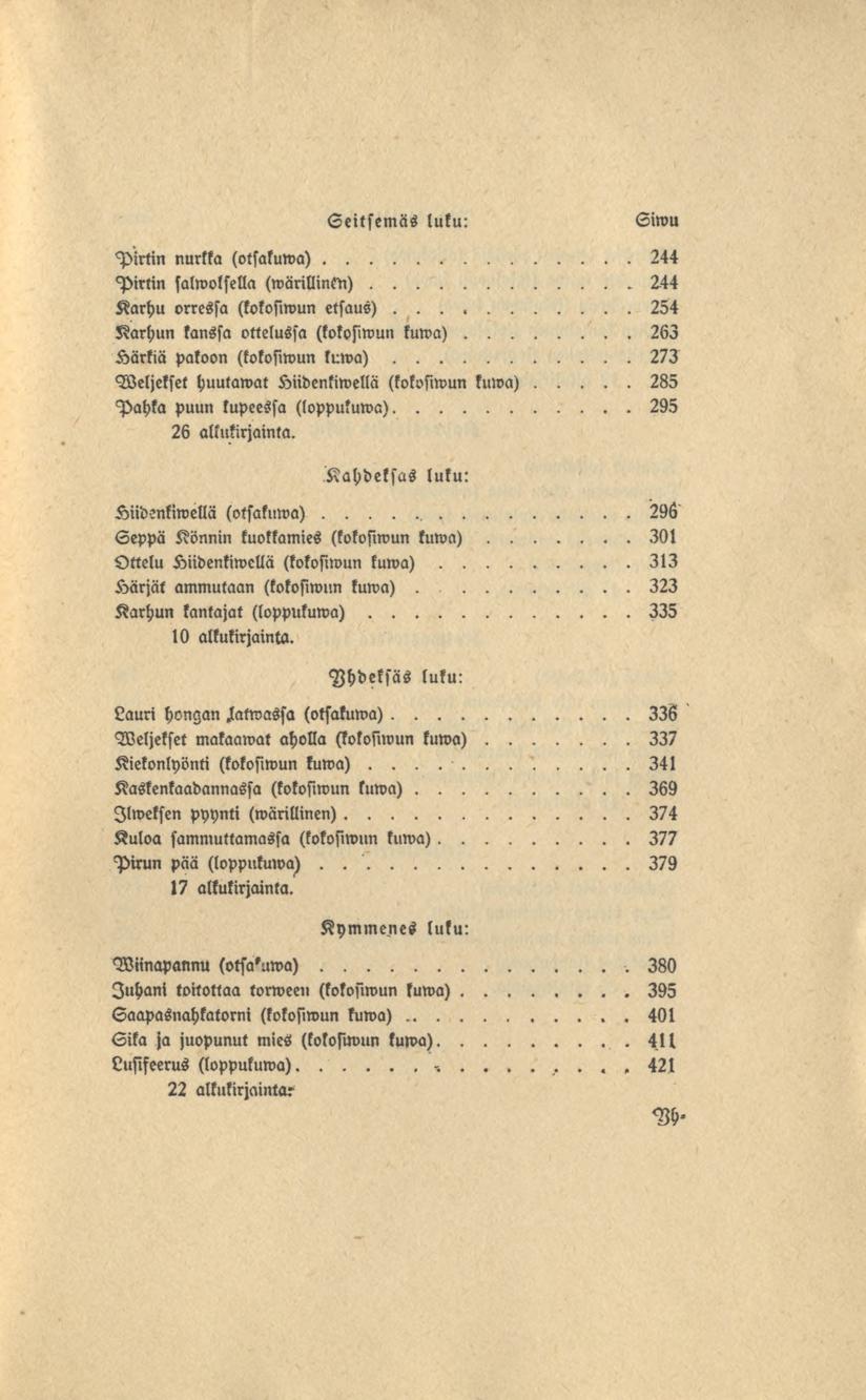 Seitsemäs luku: Siwu Pirtin nultta (otsatuwa) 244 Pirtin salwolsella (wärillmkn) 2^44 Karhu orressa (lokosiwun etsaus) 254 Karhun kanssa ottelussa (tokosiwun luwa) 263 Kärkiä patoon (tokosiwun t>:wa)
