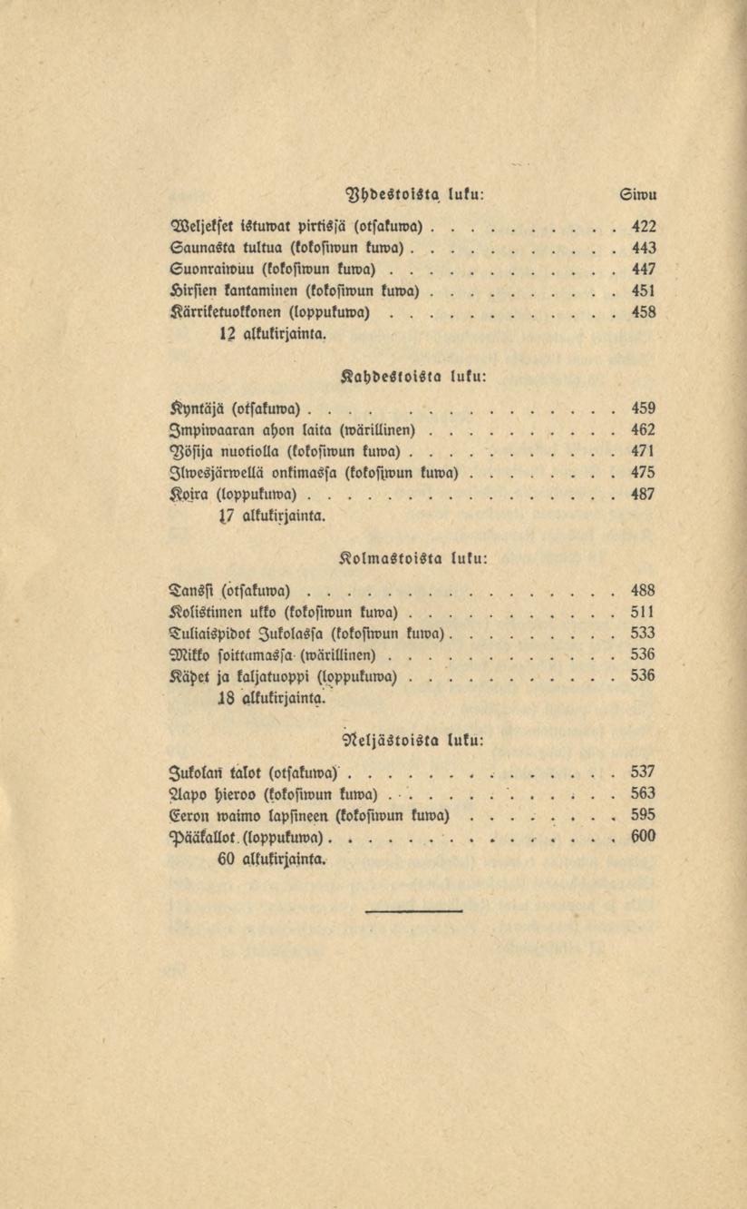 Yhdestoista luku: Siwu Weljelsel istuwal pirtissä (otsatuwa) 422 Saunasta tultua (totosiwun tuwa) 443 Suonraiwuu (kolosiwun kuwa) 447 Kirsien kantaminen (kotosiwun kuwa) 45l Kärriketuokkonen