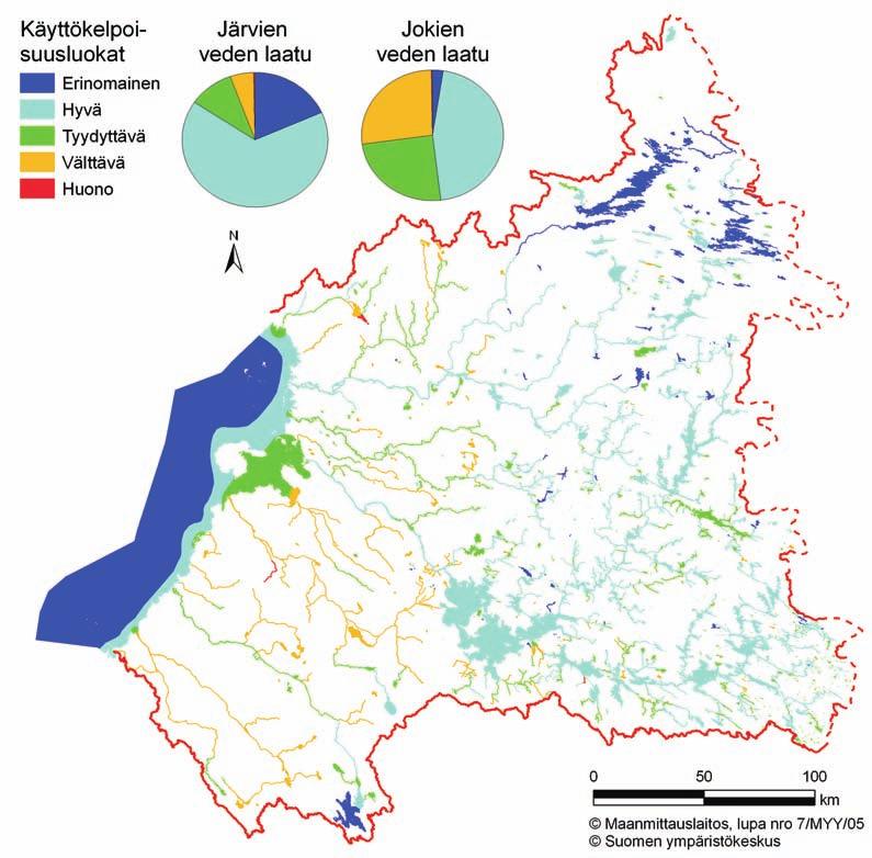 Vuonna 2004 laaditun ja vuosien 2000-2003 tietoihin perustuvan vesistöjen yleisen käyttökelpoisuusluokituksen mukaan Oulujoen-Iijoen vesienhoitoalueella 84 % järvipinta-alasta ja 48 % jokipituudesta