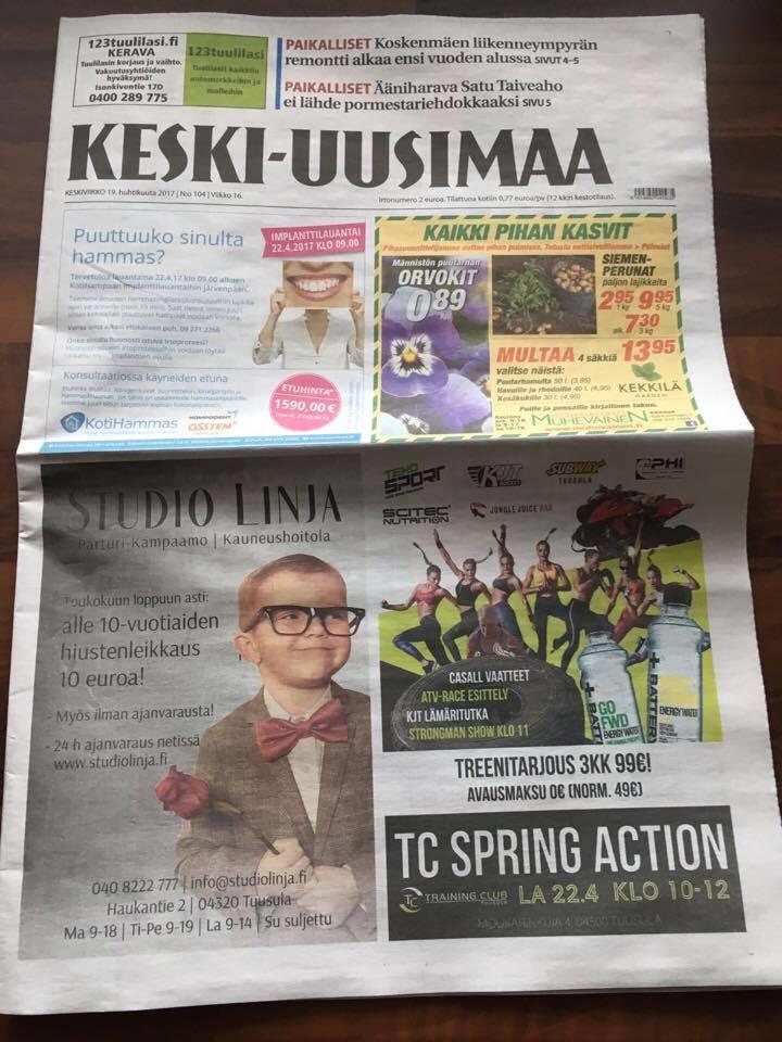 tuma viikolla myös paikallisessa Keski-Uusimaa lehdessä etusivulla. Mainosjuliste ja kuvakilpailujuliste löytyvät raportin liitteenä. Kuva 2. Mainos Keski-Uusimaan etusivulla 19.4.