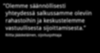 Noudatamme vastuullisen sijoittamisen periaatteita kaikessa sijoitustoiminnassamme: sijoitukset rahastoihin sijoitukset suoraan kohdeyrityksiin yhtiön likvidin varallisuuden sijoitukset Tesillä