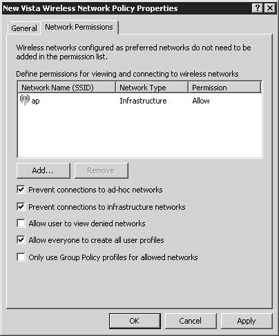 44 Langattoman verkon oikeuksia muihin tukiasemiin voidaan rajata Windows Vista -profiilissa lisäämällä SSID-tunnuksia ja antaa
