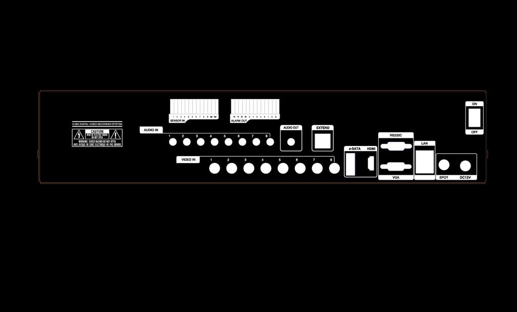Laitteen kuvaus Takapaneeli 8 Kanavainen 12. Sensor, Alarm, RS485 2.Audio Out 13. Extend 5. RS232C 7. LAN 14.Spot Out 3. Switch 4.Adapter 9. Audio In 6. e-sata 1.Video In 10.HD Out 11. VGA 8. USB 1.
