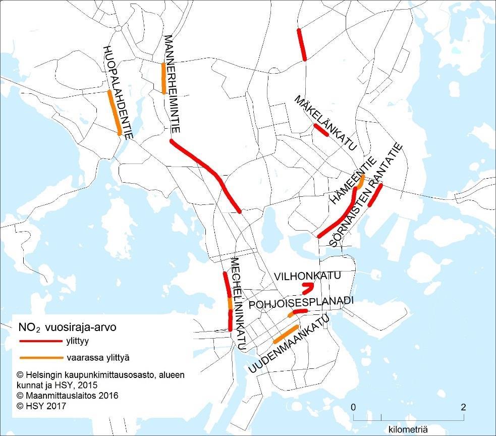 2016 Typpidioksidin raja-arvo ylittyy yhä vilkkaissa katukuiluissa Typpidioksidille asetettu vuosiraja-arvo ylittyy Helsingin vilkasliikenteisissä katukuiluissa, joissa tuulettuminen on heikkoa.