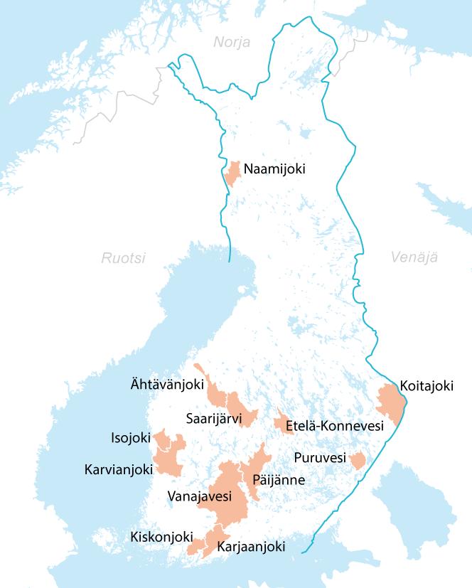 Kohdealueet Vaikutukset kohdistuvat Natura-alueisiin tai direktiivilajeihin (raakku) 4 järviin painottuvaa kohdetta 3 sisämaan jokireittikohdetta 5 rannikon