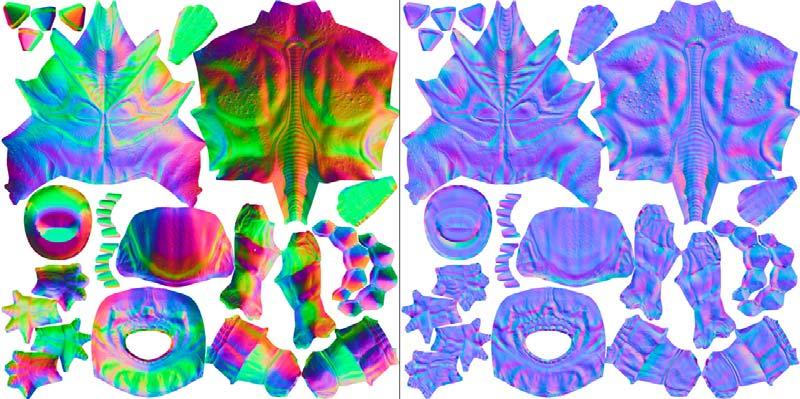 3.6.3 Tangent ja object space map -tekstuurien tunnistaminen Normal map -tekstuuri on 2-ulotteinen kuva, jossa värit kuvaavat normaalivektorien koordinaattisuuntia.