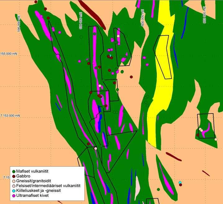 A) B) Kuva 7. A) Paljastumahavaintojen geologia. B) Lohkarehavaintojen geologia. Projektio: ETRS-TM35FIN. Grid: 1000m x 1000m. Fig 7. A) Geology of the outcrop observations.