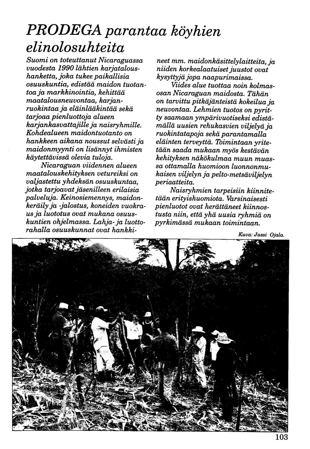 PRODEGA parantaa köyhien elinolosuhteita Suomi on toteuttanut Nicaraguassa vuodesta 1990 lähtien karjataloushanketta, joka tukee paikallisia osuuskuntia, edistää maidon tuotantoa ja markkinointia,