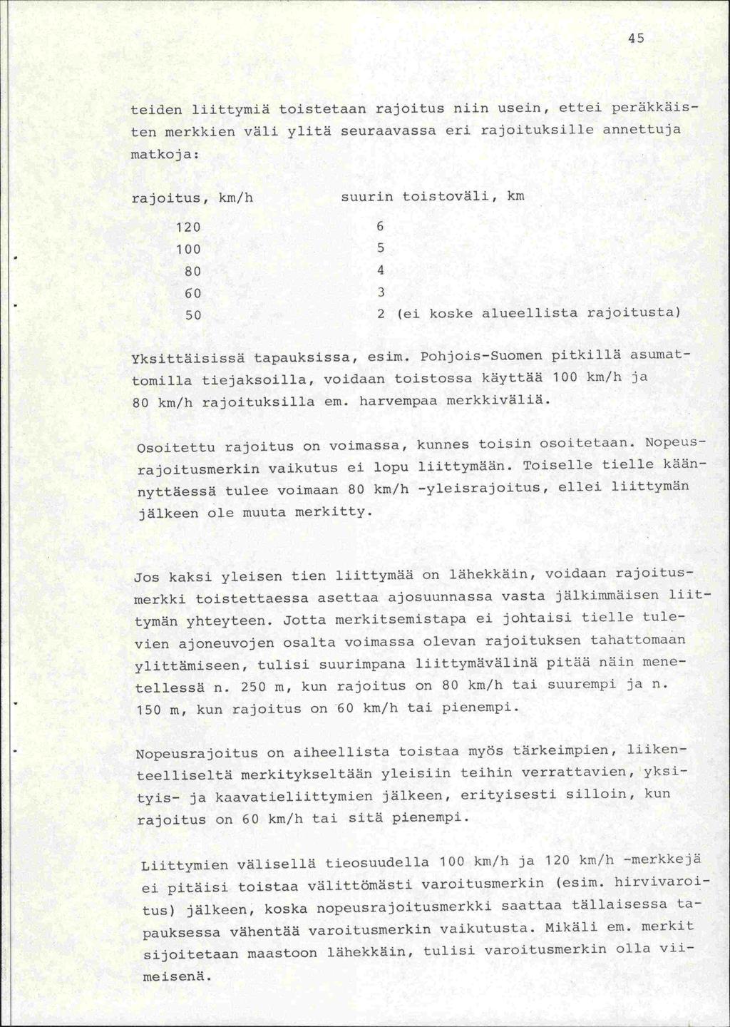 45 teiden liittymiä toistetaan rajoitus niin usein, ettei peräkkäisten merkkien väli yhtä seuraavassa eri rajoituksille annettuja matkoj a: rajoitus, km/h suurin toistovähi, km 120 6 100 5 80 4 60 3