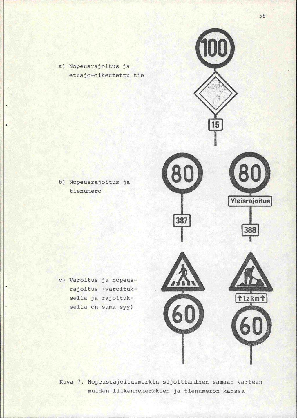 a) Nopeusrajoitus ja etuajo-oikeutettu tie b) Nopeusrajoitus ja tienumero Yleisrajoitus 387 388 c) Varoitus ja nopeusrajoitus