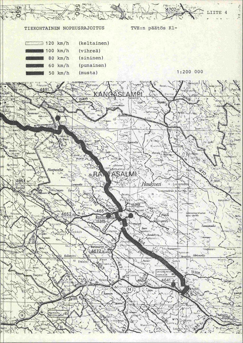 _ LIITE 4 TIEKOHTAINEN NOPEUSRAJOITUS TVH:n päätös Ki- cii:::: 120 km/h (keltainen) 100 km/h (vihreä) 80 krn/h (sininen) - 60 km/h (punainen) - 50 km/h (musta) 1:200 000 z,.