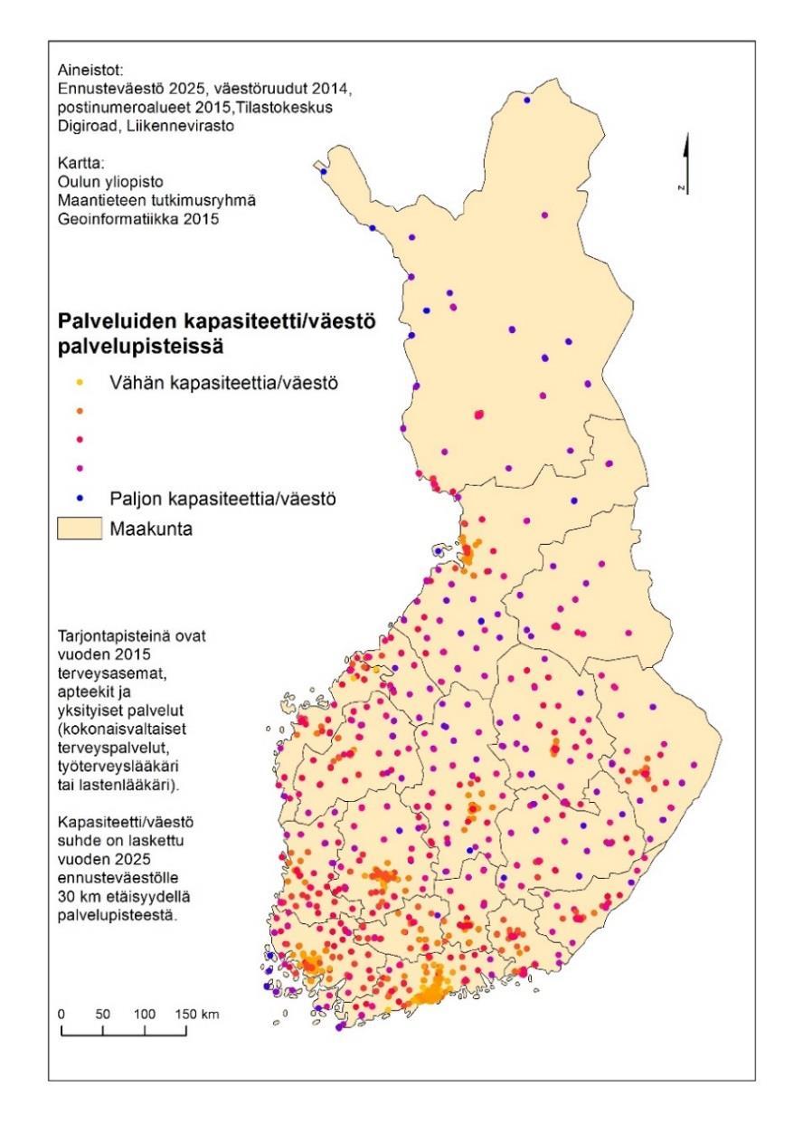 Palveluiden kysynnän ja tarjonnan tarkastelu (terveysasemat, apteekit, yksityiset lääkäripalvelut) Tarjontapisteinä terveysasemat (kapasiteettina lääkärien määrä 1-25), apteekit (kapasiteetti 1),