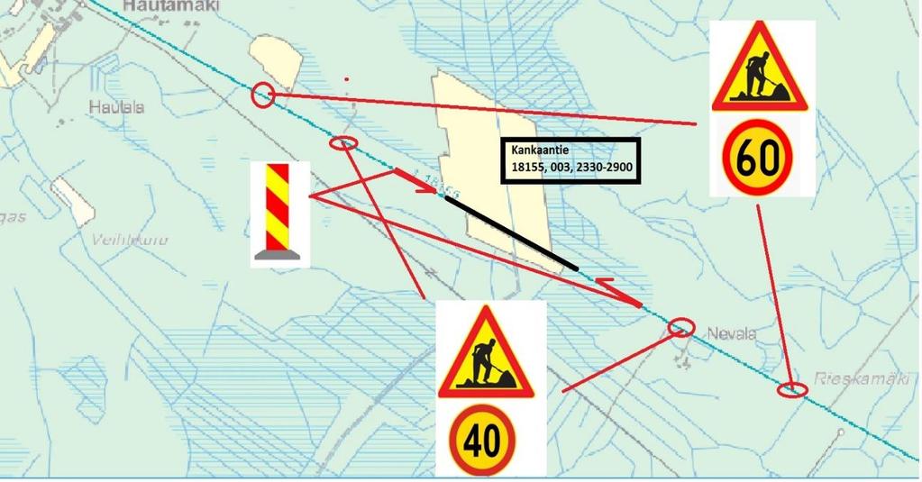 Kuva 18. Työmaanaikaiset liikennejärjestelyt Kankaantiellä yleinen nopeusrajoitus on 80 km/h.