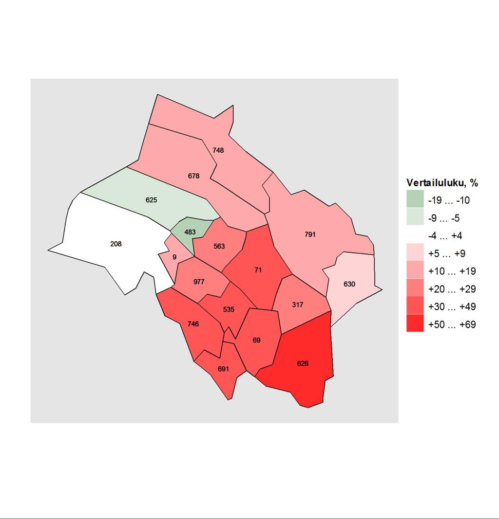 Kartta 1. Vammojen ja myrkytysten aiheuttamat hoitojaksot alueen kunnissa vuosina 2011 2015, vertailutiedot koko maan tilanteeseen. Kartta: Maanmittauslaitoksen Yleiskartta 1:4 500 000, 2011.