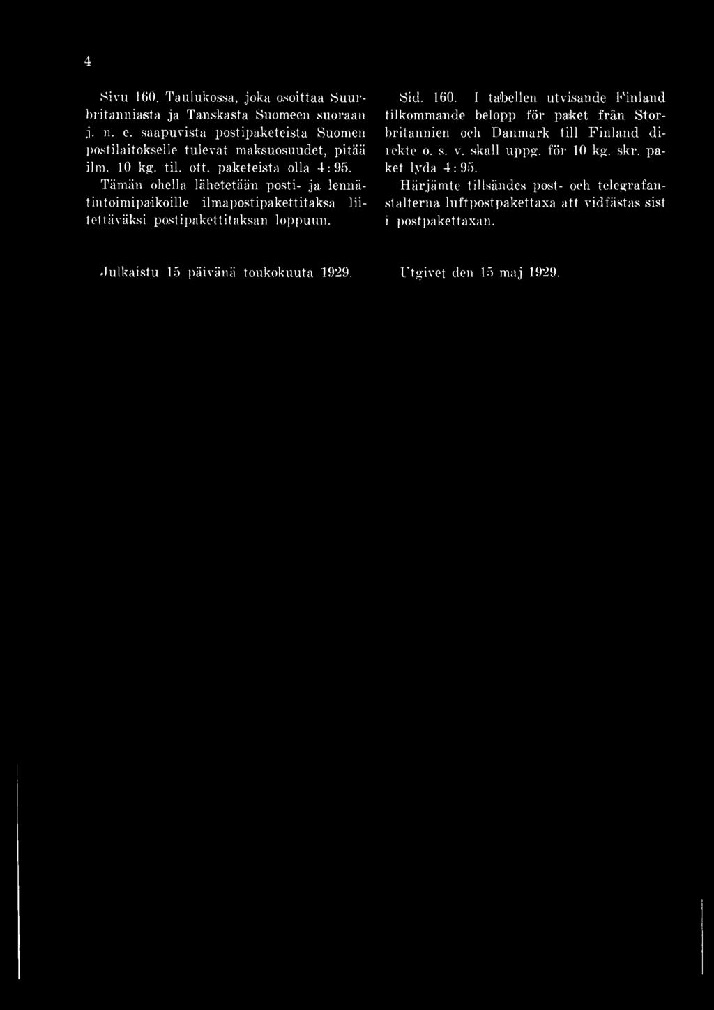 Tämän ohella lähetetään posti- ja lennätintoimipaikoille i 1mapostipakettitaksa liitettäväksi postipakettitaksan loppuun. Sid. 160.