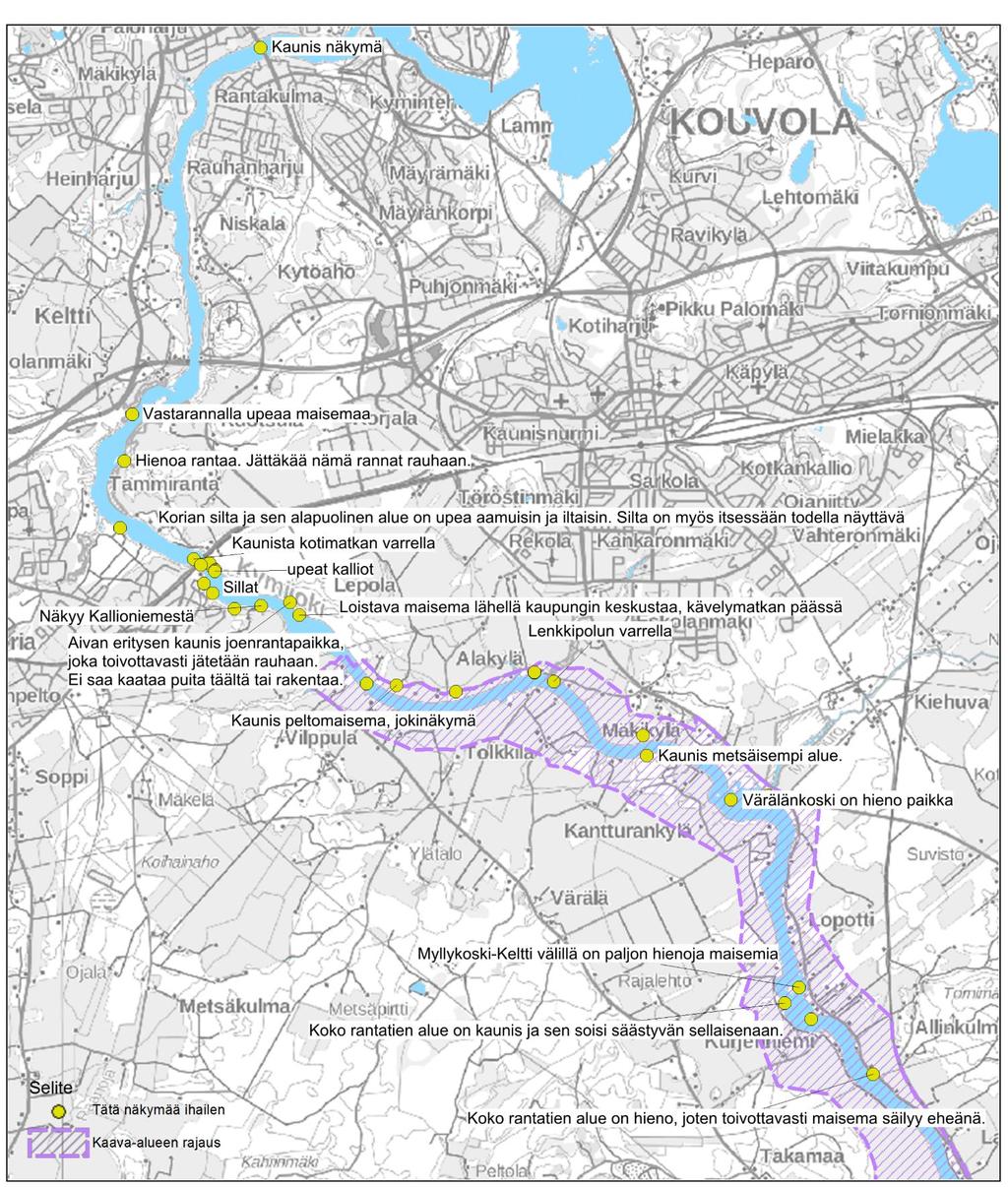 Näkymät Ihailtavat näkymät oli suosituin kysymys ja keräsi 56 paikannusta kartalle (kuvat 12 ja 13).