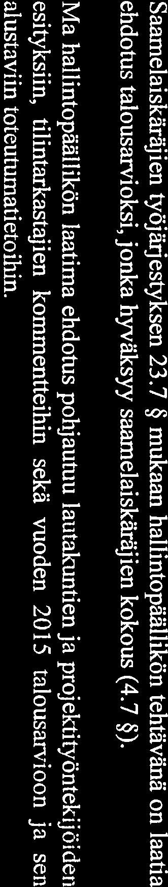 Ma hallintopäällikön laatima ehdotus pohjautuu lautakuntien ja projektityöntekijöiden esityksiin, tilintarkastajien kommentteihin sekä vuoden 2015 talousarvioon ja sen alustaviin toteutumatietoihin.