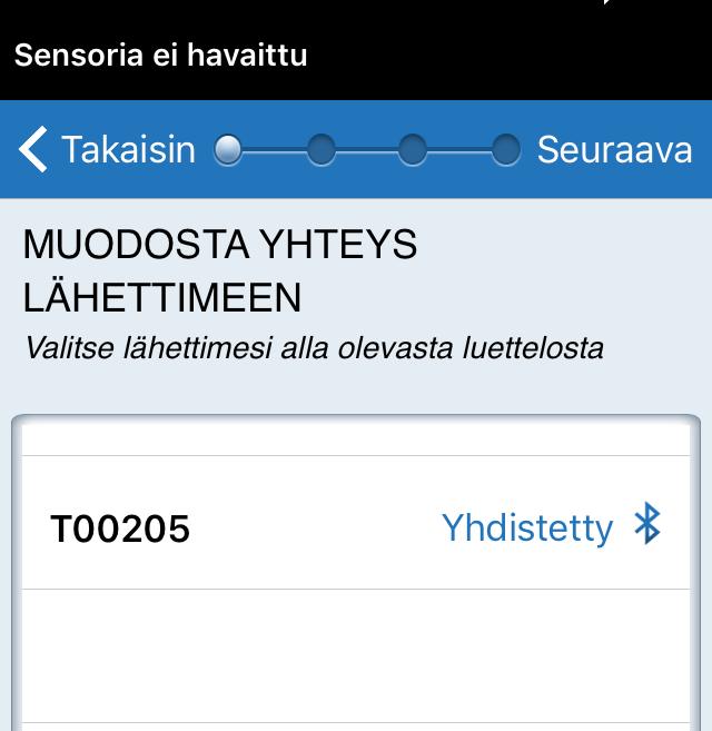 7. Älylähettimen sarjanumeron kohdalla MUODOSTA YHTEYS LÄHETTIMEEN näytössä näkyy Ei yhdistetty. Aloita laiteparinmuodotusprosessi napauttamalla Ei yhdistetty tekstiä. 9.