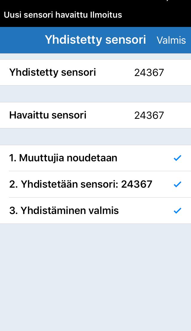 3. Kun älylähetin ja sensori on yhdistetty, sensorin tunnusnumero tulee näkyviin YHDISTETTY SENSORI näytölle.