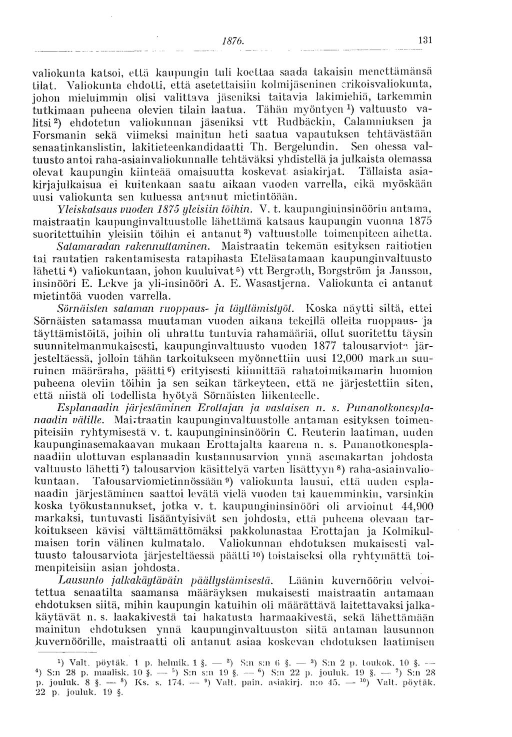 1876. 131 valiokunta katsoi, että kaupungin tuli koettaa saada takaisin menettämänsä tilat.
