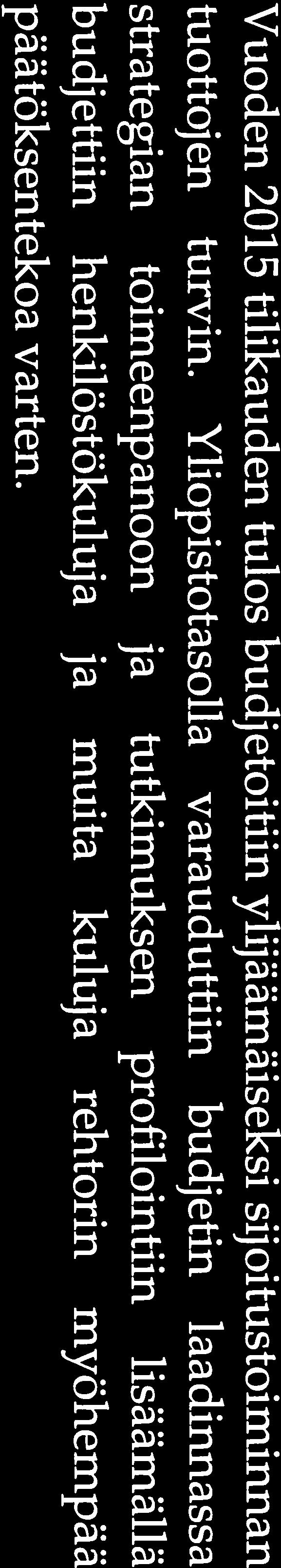 Yliopistotasolla varauduttiin budjetin laadinnassa strategian toimeenpanoon ja tutkimuksen profilointiin lisäämällä budjettiin henkilöstökuluja ja muita kuluja rehtorin myöhempää päätöksentekoa