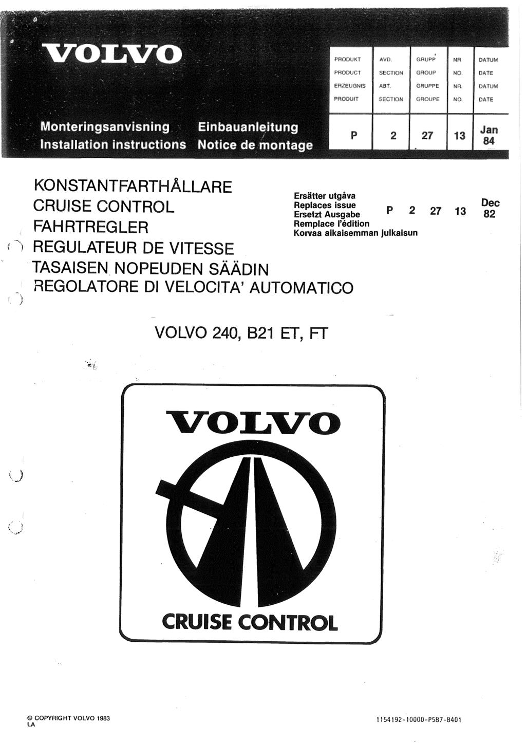 lp 2 21 Jan 84 KONSTANTFARTHAllARE CRUISE CONTROl FAHRTREGlER (~) REG'UlATEUR DE VITESSE. TASAISEN.