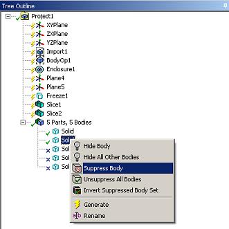 27 (54) imusarjan geometria poistettiin klikkaamalla hiiren oikealla painikkeella tilavuutta vastaavaa Solid-kappaletta Tree Outline näkymässä ja valitsemalla Suppress Body (kuvio 11).