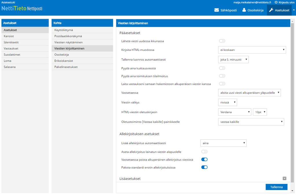 13 Kuva 14 Postilaatikkonäkymän asetuksissa voidaan asettaa sähköpostin esikatselulehti, määrittää esikatsellun viestin merkitseminen, valita sähköpostiviestin kuittauspyynnön tapa, valita