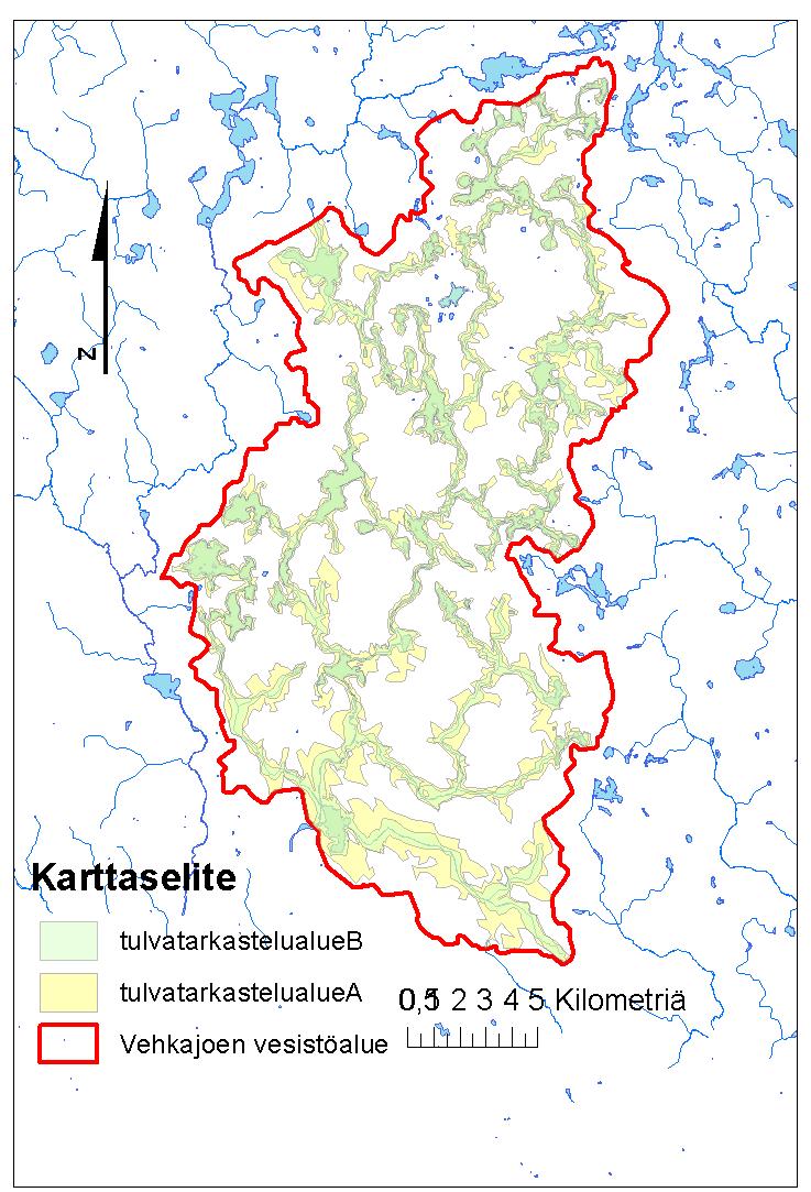 mitä sitten tarkensimme paremmin vastaamaan lähintä korkeuskäyrää ja todellista tulva-aluetta (B). Kuva 7. Vehkajoen vesistöalueelle rajatut tulvatarkastelualueet.