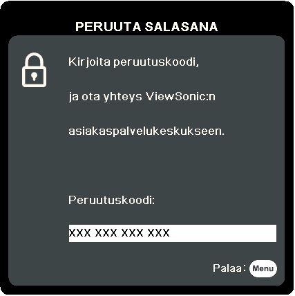 Salasanan peruutustoimintoon siirtyminen 1. Paina ja pidä alhaalla kaukosäätimen painiketta Auto Sync (Auto Synk) kolmen sekunnin ajan. Projektori näyttää näytössä koodin. 2.