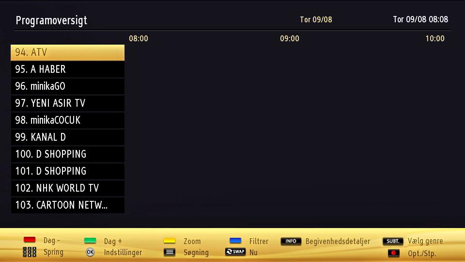 Elektronisk programguide (EPG) Nogle, men ikke alle, kanaler sender oplysninger om aktuelle og næste programmer. Tryk på knappen for at se EPG-menuen. Op/Ned/Venstre/Højre: Naviger i EPG.