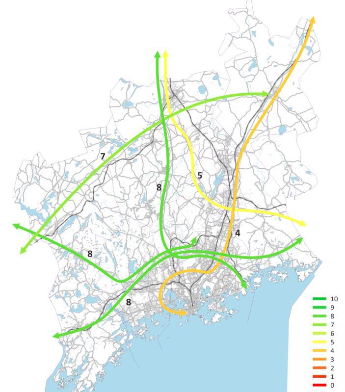Kuljetusten sujuvuuden alin palvelutaso esimerkkiyhteysväleillä 2012 Suurimmat palvelutasokapeikot löytyvät nykyisin Kehä I:n länsiosalta (arvosana 4) ja Keski-Uudenmaan diagonaaliyhteyksiltä