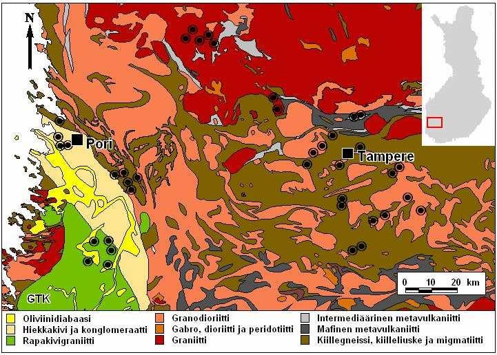 2. Kallioperän n vaikutus moreenin geokemialisiin ominaisuuksiin Näytepisteet sijaitsivat kuuden eri kivilajiyksikön n alueella