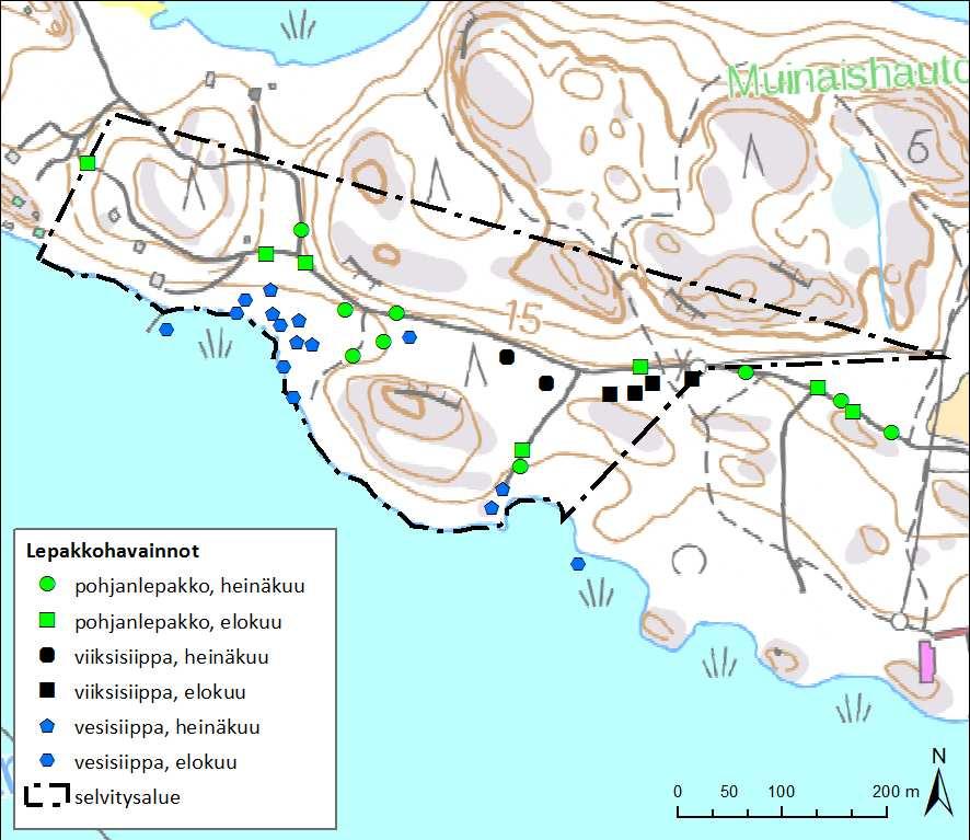 FCG SUUNNITTELU JA TEKNIIKKA OY Raportti 6 (9) Kuva 4. Kaikki selvitysalueella tehdyt lepakkohavainnot (heinäkuu ja elokuu). Osa havainnoista koskee samoja alueella kierteleviä yksilöitä.