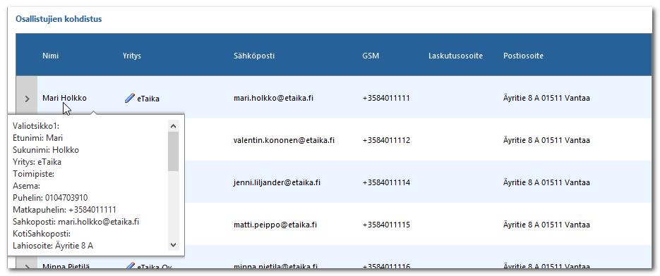 Avautuneessa Osallistujien kohdistus -ikkunassa näkyy lista kohdistettavista henkilöistä Kun viet kohdistimen osallistujan nimen päälle, avautuu näkymä,