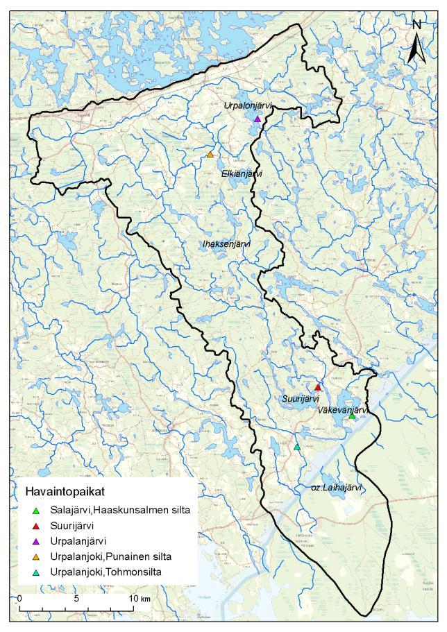 SYKE; Maanmittauslaitos lupa nro 7/MML/10; Affecto Finland Oy, Karttakeskus, Lupa L4659 Kuva 1. Tärkeimmät havaintopaikat Urpalanjoen vesistöalueella.