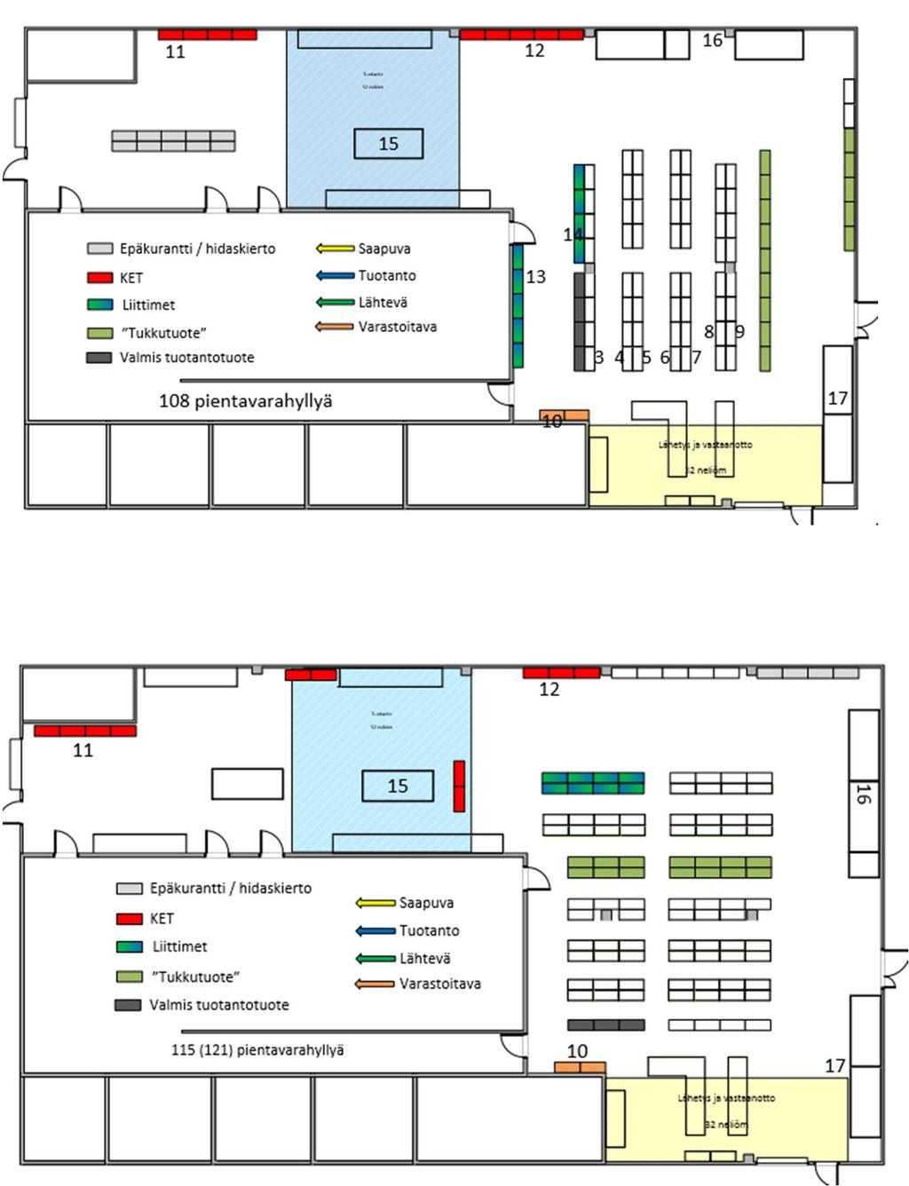 44 Kuva 14 Layout-versio 1 Kuva 15 Layout- versio 2 Versioissa hyllyt olivat järjestelty sekä poikittain, että pitkittäin. Myös VMI-hylly oli versiossa 1 vaihtanut paikkaa lähemmäs välivarastohyllyä.