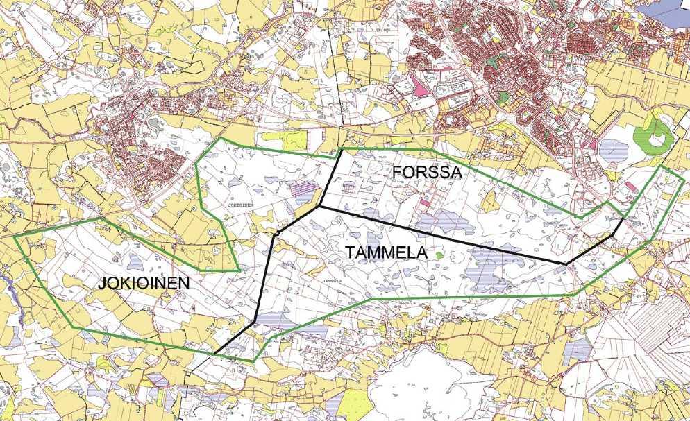 Kaavoitettavaan alueeseen kuuluvat kunnan keskustan lisäksi osa Minkiöstä, Lamminkylä, Pellilä, Peltosuo, ja Kirkonkulma. Se rajautuu idässä Forssaan kaupunkiin ja kaakossa Tammelan kuntaan.