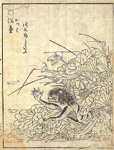 Kuva 1. Toriyama Sekienin Kappa, tunnetaan myös nimellä kawataro (1776) Meji-aikakaudella (1868-1912) yōkaita alettiin rinnastamaan muiden kulttuurien hirviöihin ja etsimään niistä samankaltaisuuksia.