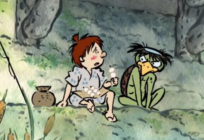 Kuva 3. Folktales from Japan jakso 21: The Day the kappa come out. Kappa vaatimassa mykyjä sillan alla sadetta pakoilevalta pojalta.