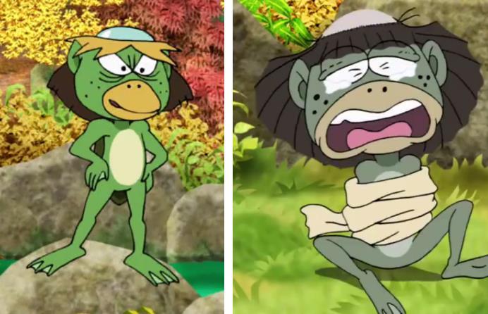 Kuva 6. Folktales from Japan jakso 177: The kappa kid. Vasemmalla kappa lautanen päässään ja täydessä voimissaan. Oikealla kappa ilman lautastaan ja voimansa menettäneenä.
