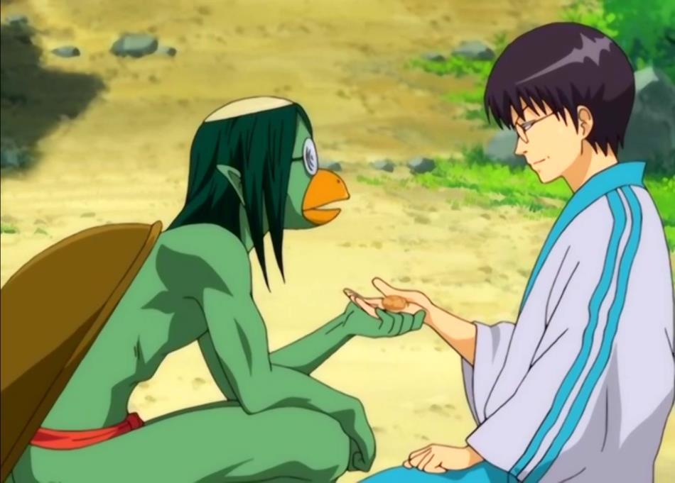 6.2.2 Gintama Kuva 8. Gintama 21: If You're A Man, Try the Swordfish! Tarinan kappa muistuttava olio tekemässä tuttavuutta ihmisen kanssa.