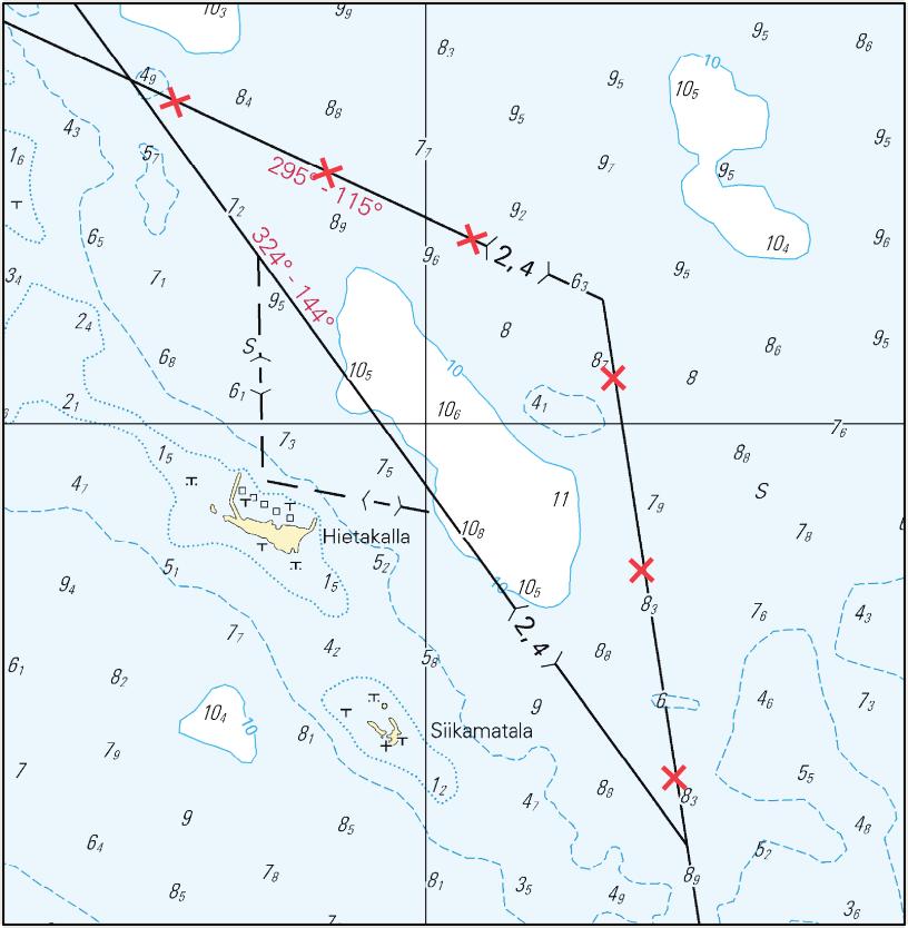 14 Poista väylälinja seuraavien pisteiden väliltä Stryk farledslinjen mellan följande punkter Delete navigation line between the following positions: 2.4 m 1) 65 30.94 N 25 08.