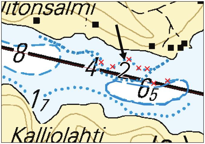 17 *397. 433 M/235 Vuoksen vesistö. Siilinjärvi. Uittoniemi. Uitonsalmen väylä (2.1 m). Matalikko. Karttamerkintä. Vuoksens vattendrag. Siilinjärvi. Uittoniemi. Uittosalmileden (2.1 m). Grund.