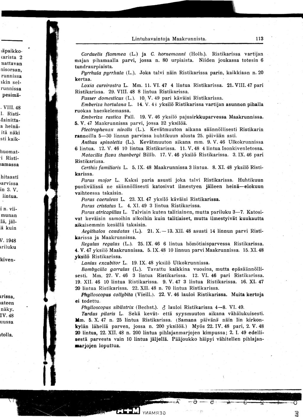 Lintuhavaintoja Maakrunnista 113 Carduelis flammea (L ) ja C hornemanni (Holb) Ristikarissa vartijan majan pihamaalla parvi, jossa n 80 urpiaista Niiden joukassa totesin 6 tundraurpiaista Pyrrhula