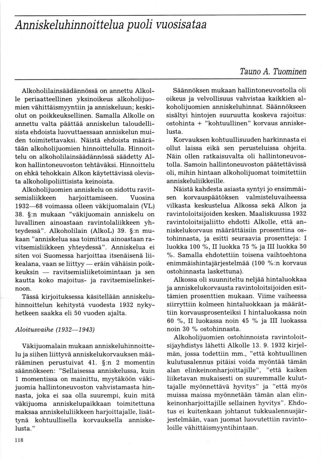 Anniskeluhinnoittelu a puoli vuo sis at a a Tauno A.