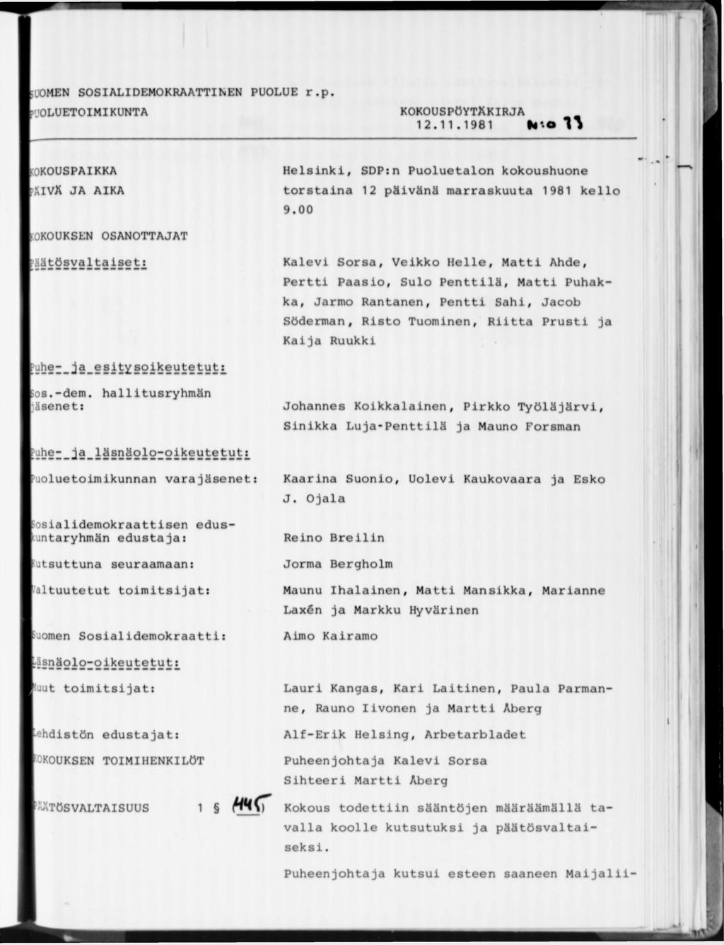 UOMEN SOSIALIDEMOKRAATTINEN PUOLUE r.p. JOLUETOIMIKUNTA KOKOUSPÖYTÄKIRJA 12.11.1981 N-.O KOUSPAIKKA ÄIVÄ JA AIKA Helsinki, SDP:n Puoluetalon kokoushuone torstaina 12 päivänä marraskuuta 1981 kello 9.